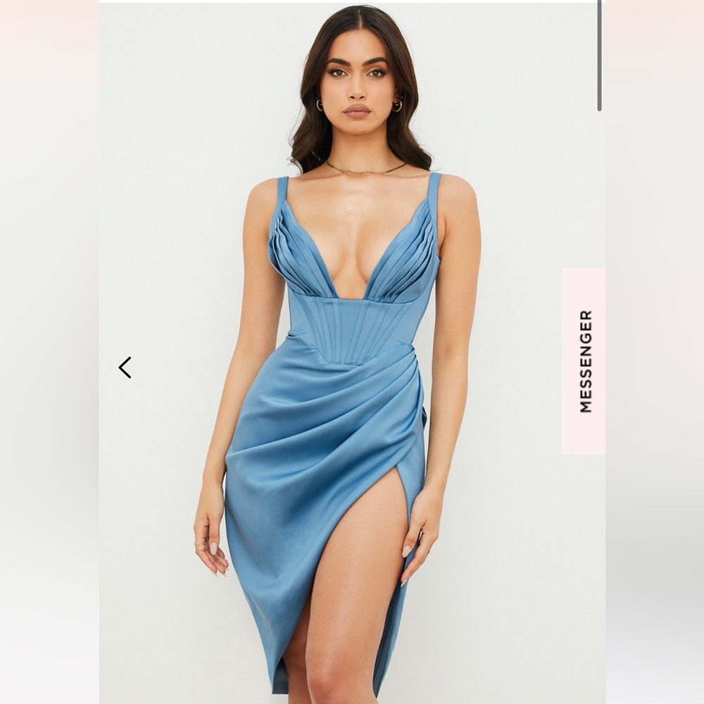 House of CB XS Blue Satin Corset “Faye” Midi Dress with Box and Tag